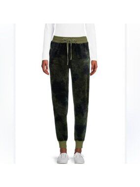 Green Tie-Dye Velvet Jogger Pants With Drawstring Waist & Cuffed Ankles